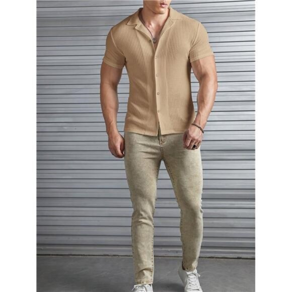 Homme Men Solid Button Front Shirt Light Brown Stylish Men Wear - Picture 3 of 4